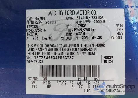 2004 Ford Ranger Edge/Tremor/Xlt z USA, uszkodzony, nr VIN 1FTZR45EX4PB53782